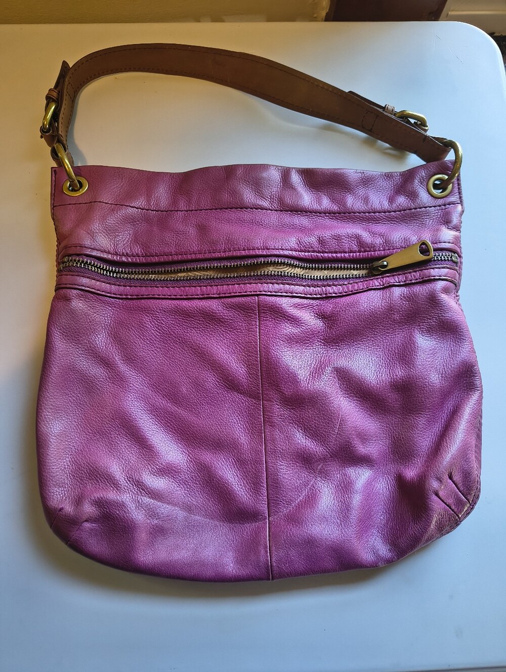 Vintage Fossil Pink Leather Shoulder Bag with Tan Strap